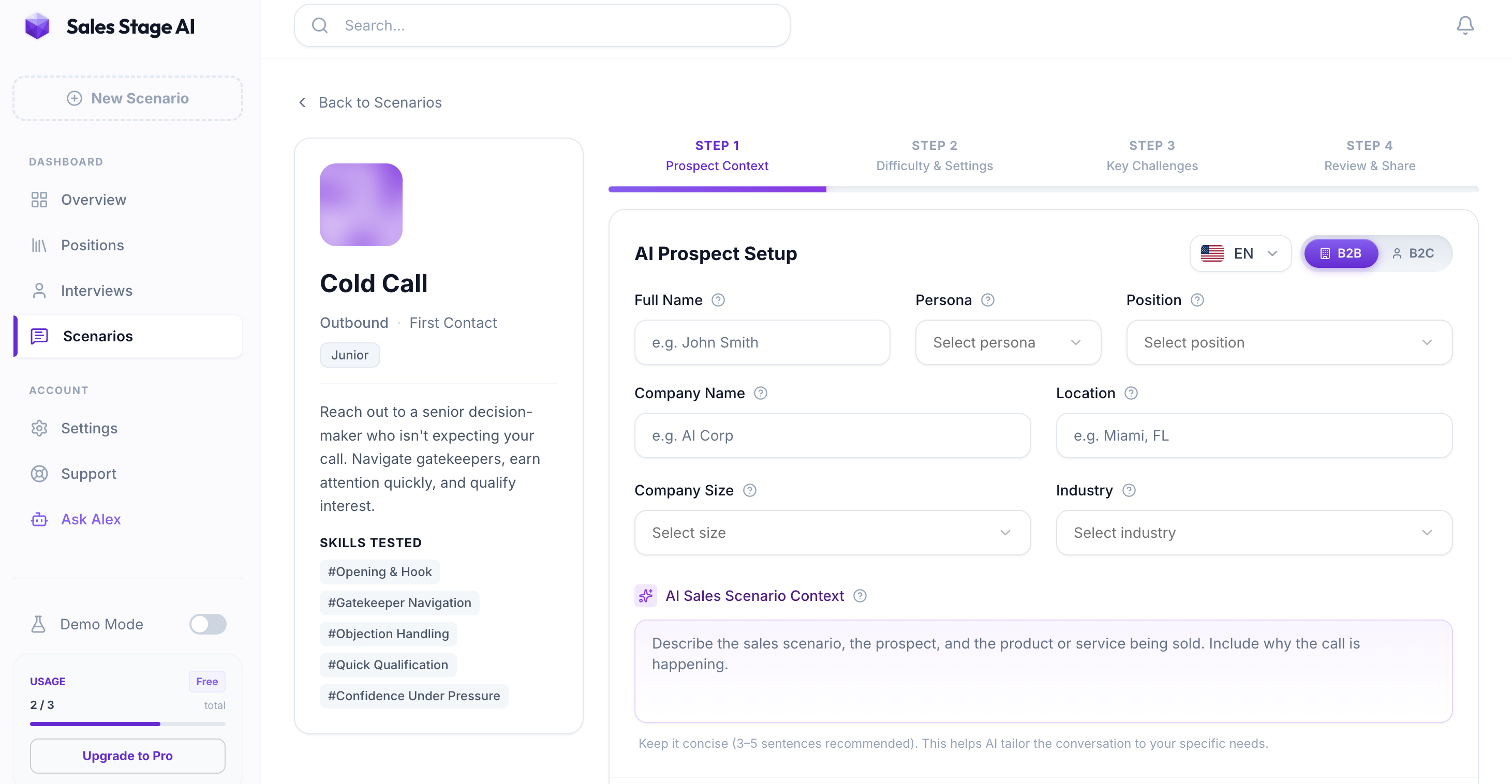 Scenario setup wizard showing the AI prospect setup step for a Cold Call
