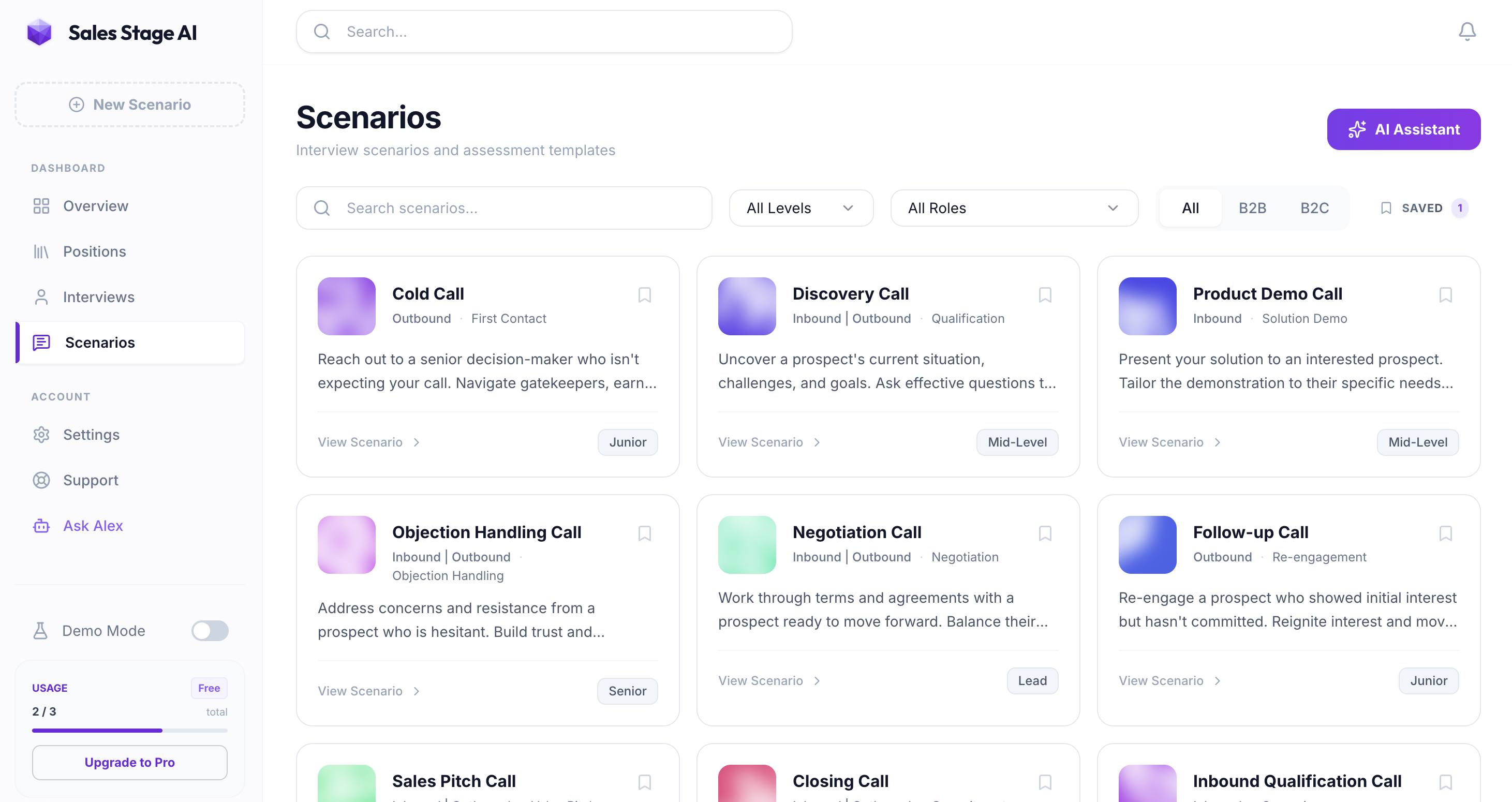 Sales Stage AI scenarios library with Cold Call, Discovery Call, Product Demo and more